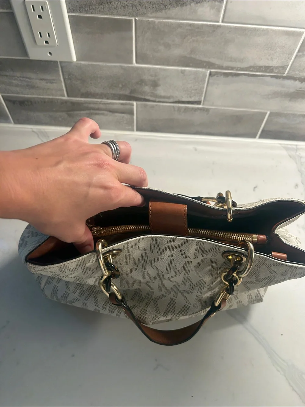 Michael Kors Cynthia Cream MK Logo Tote with Gold Hardware